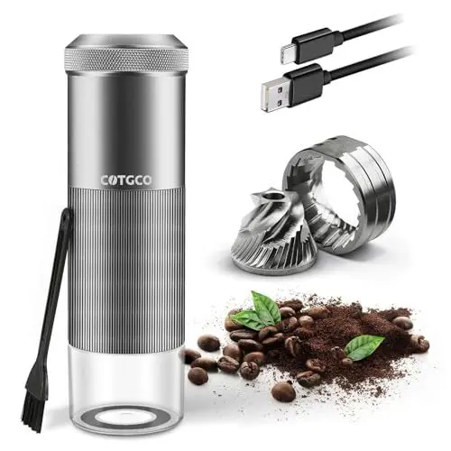 Produktbild: Elektrische Kaffeemühle Mini Mahlwerk: COTGCO Kaffeemühle mit konischen Klingen – 1600 mAh Akku für 15 bis 20 Mal – Zerkleinerer für Caffee Pulver