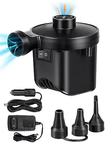 Produktbild: Elektrische Luftpumpe, 2 in 1 Tragbare Luftpumpe mit 3 Luftdüse, Schnelle Inflate Deflate Pumpe, 220V AC/12V DC Luftpumpe für Matratze Luftmatratze Schlauchboot Schwimmring Outdoor Camping