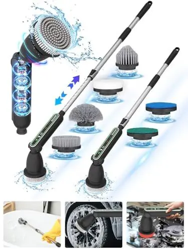 Produktbild: Elektrische Reinigungsbürste, 2024 Geräuscharm Electric Spin Scrubber mit 7 Austauschbaren Bohrbürstenköpfen, Verstellbarem Griff für Badezimmer Auto Haushalt küche, 120 Minuten Arbeitszeit