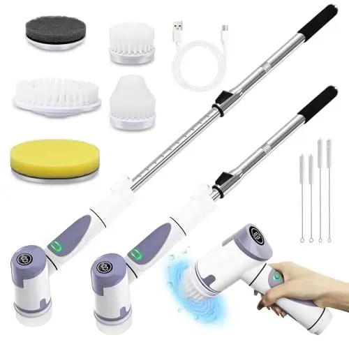 Produktbild: Elektrische Reinigungsbürste, 2024 Neues Spin Scrubber mit 5 Austauschbaren Bürstenköpfen & Verstellbarem Verlängerungsgriff 30-137CM & 2 Rotationsgeschwindigkeiten & LED Bildschirm für Bad/Küche/Auto