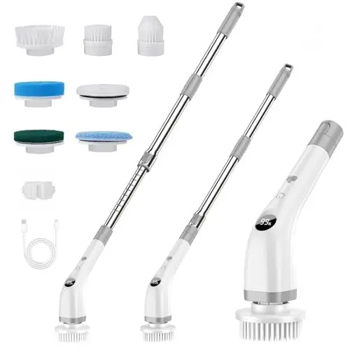 Produktbild: Elektrische Reinigungsbürste, 7 in 1 Putzbürste mit Verstellbarem Griff, Electric Cleaning Brush mit austauschbaren Bürstenköpfen,2 Speed mit langem Griff für Haushalt Fliesen, Wanne-IPX7
