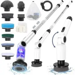 Produktbild: Elektrische Reinigungsbürste, (Aktualisierte Version) Homtronics Elektrische Putzbürste, Verstellbarer Langgriff, Electric Spin Scrubber Schnurlos mit 8 Bohrbürstenköpfen für Bad Küche Auto (Weiß)