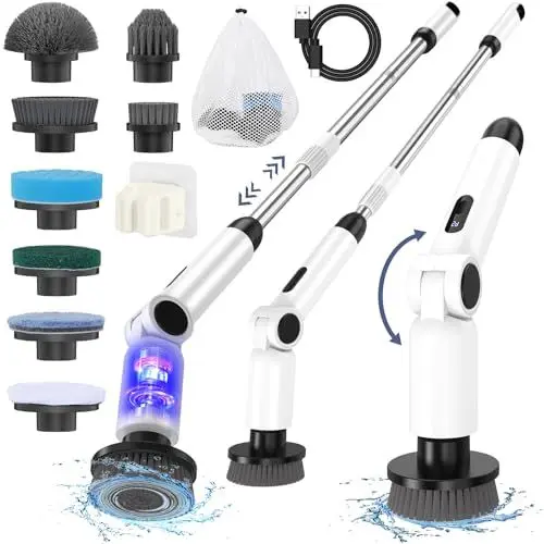 Produktbild: Elektrische Reinigungsbürste, (Aktualisierte Version) Homtronics Elektrische Putzbürste, Verstellbarer Langgriff, Electric Spin Scrubber Schnurlos mit 8 Bohrbürstenköpfen für Bad Küche Auto (Weiß)
