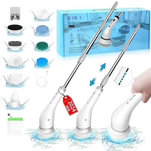 Produktbild: Elektrische Reinigungsbürste, ERAVOR 2024 Neues 12-in-1 Power Spin Scrubber mit 8 Bürstenköpfen, Fugenreiniger Haushalt mit 132cm Abnehmbar Griff für Bad/Küchen/Toilette, 2 Verbesserte Schrubbmodi