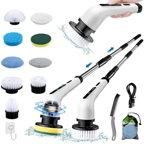 Produktbild: Elektrische Reinigungsbürste, Electric Spin Scrubber Schnurlos Mit 9 Austauschbaren Bohrbürstenköpfen, Schrubber mit Verstellbarem Griff für Bad, Fliesenboden und Auto, Reinigungsbürste Haushalt