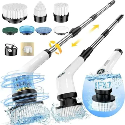 Produktbild: Elektrische Reinigungsbürste, FYDEE IPX7 Putzbürste Elektrisch mit 7 Bürstenköpfen & Verstellbarem Griff, Kabelloser Power Scrubber, Electric Cleaning Brush für Bad, Küche, Auto, Boden, Fußboden