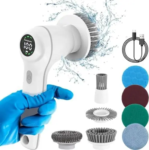 Produktbild: Elektrische Reinigungsbürste Haushalt, 2024 neues Electric Cleaning Brush mit 8 Bürstenköpfen, 0-100% Batterieanzeige Spin Power Scrubber für Küche, Wand, Speisekammer, Dusche
