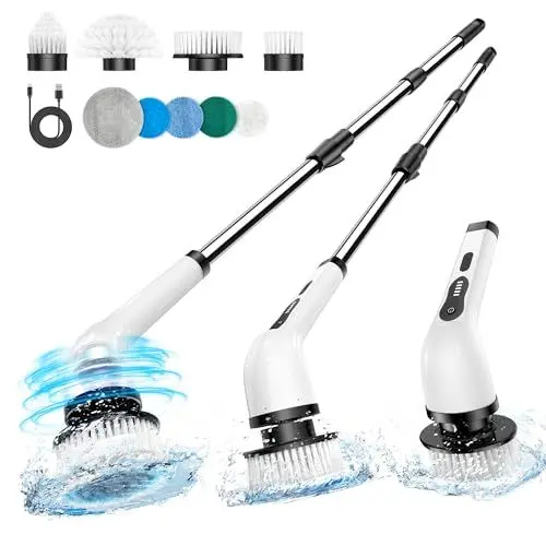 Produktbild: Elektrische Reinigungsbürste, Neues Spin Scrubber mit 9 Austauschbaren Bürstenköpfen, Verstellbarem Verlängerungsgriff, 3 Einstellgeschwindigkeiten für Badezimmer, Küche, Auto, Fußboden