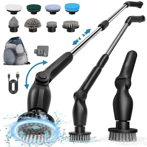 Produktbild: Elektrische Reinigungsbürste, Power Scrubber mit 8 Austauschbaren BohrbürstenköPfen, Electric Cleaning Brush mit 137cm Verstellbarem Griff & IPX7 Wasserdicht für Bad KüChe Auto FußBoden