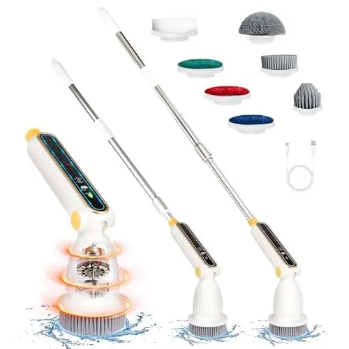 Produktbild: Elektrische Reinigungsbürste - Schnurloser Elektrischer Spin Scrubber mit 7 Austauschbaren Bohrbürstenköpfen, Verstellbarem Griff und IPX7 Wasserschutz, Ideal für Haushalt, Bad und Auto (Weiß)