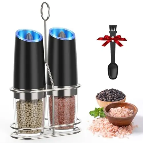 Produktbild: Elektrische Salz- und Pfeffermühle Set, automatische Schwerkraft Salz und Pfeffermühle mit einstellbarer Grobheit, Salz- und Pfefferschüttler batteriebetrieben mit LED-Licht, Einhandbedienung…