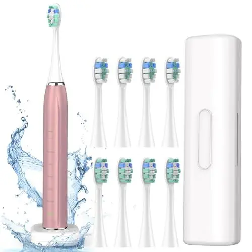 Produktbild: Elektrische Schallzahnbürste - Reisezahnbürsten Elektrische Schallzahnbürste, Kabelloses Laden, Elektrische Zahnbürste mit 8 Köpfen (Rosa)