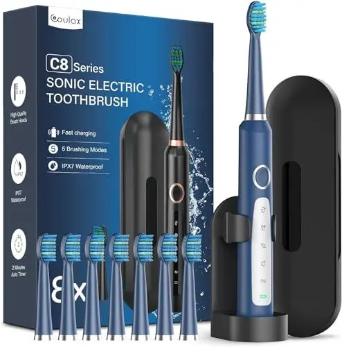 Produktbild: Elektrische Schallzahnbürsten mit 8 Köpfen – Elektrische Zahnbürste für Erwachsene mit Etui, 5 Modi und IPX7, elektrische Ultraschallzahnbürsten für Damen und Herren, Marineblau