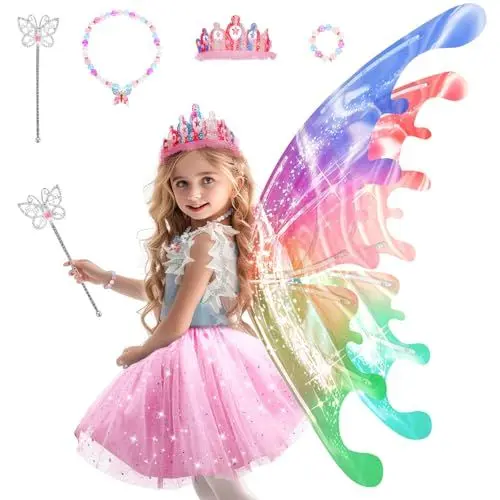 Produktbild: Elektrischen Flügel mit Prinzessinnenkleid für Mädchen, Light Up Moving Schmetterlingsflügel Kinder mit LED Light&Music, Prinzessin Cosplay Kostüm mit Krone/Zauberstab/Armbänder/Halsketten Feen Flügel