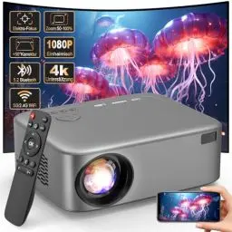 Produktbild: (Elektrischer Fokus) FRESHDEW Beamer, 5G WiFi Projektor mit Bluetooth Native 1080P Projektor,26000L LCD Technologie Heimkino Outdoor/Heimkino Video Projektor mit Stativ für iOS/Android/TV Stick