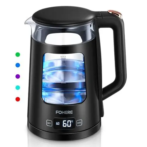 Produktbild: Elektrischer Wasserkocher mit Temperatureinstellung,1.7L Glas Wasserkocher mit Warmhaltefunktion, 2200W Schnelles Koche, Automatische Abschaltung & Trockengehschutz, mit 5 Farbigen Lichtern