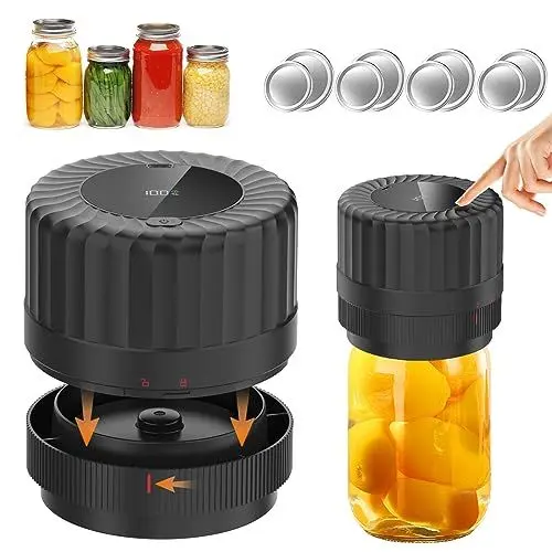 Produktbild: Electric Mason Jar Vacuum Sealer Kit für Breite und Normale Öffnung, HUIJUTCHEN Vakuumversiegelungsmaschine für Lebensmittel mit LED Anzeige Einmachglas Versiegelungs Set für die Lebensmittellagerung