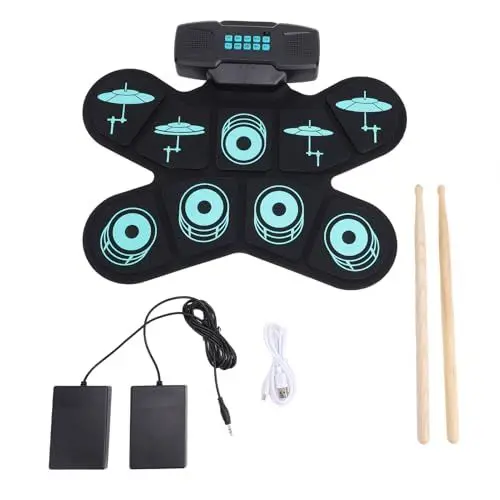 Produktbild: Elektrisches Schlagzeug-Pad-Set, Digitales Schlagzeug-Set für mit Stereo-Lautsprecher, Pedalen, Sticks, Tragbares Übungs-Pad-Set Zum Aufrollen, 8 Stunden Spielzeit, 9