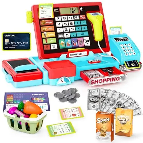 Produktbild: Elektronische kinderkasse mit Scanner & Musik Funktion, 52 kaufladen zubehör rollenspielzeug für Kinder-spielgeld, mikrofon, einkaufskorb, Waage, lernspielzeug für Kinder ab 3 Jahren