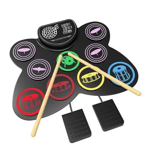 Produktbild: schlagzeug elektronisch、schlagzeug kinder 9 Drum Practice Pads with Headphone Jack, Drum Pedals and Drum Sticks with Built-in Speakers, 10 Hours Playtime