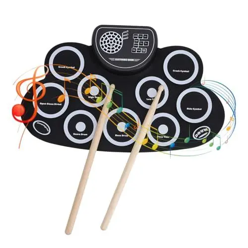 Produktbild: Elektronisches Schlagzeug Set, 9 Pads, Elektrisches Schlagzeug Pad, Eingebauter Lautsprecher, Wiederaufladbare, Tragbare, Faltbare Elektronische Übungstrommel mit
