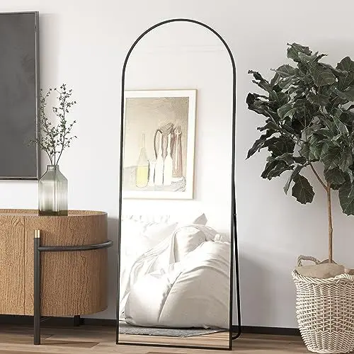 Produktbild: Elemango 162 x 53 cm gewölbter Bodenspiegel, Ganzkörper-Wandspiegel mit Aluminiumrahmen, gewölbter Oberseite, zum Aufhängen oder Anlehnen, Ankleidespiegel für Schlafzimmer, Wohnzimmer, Schwarz
