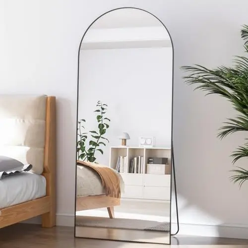 Produktbild: Elemango Bogen Ganzkörperspiegel, 165x60cm Groß Bodenspiegel, Rahmen aus schwarzer Aluminiumlegierung, Gewölbter Vollspiegel stehend hängend oder lehnend, Ankleidespiegel für Schlafzimmer Wohnzimmer
