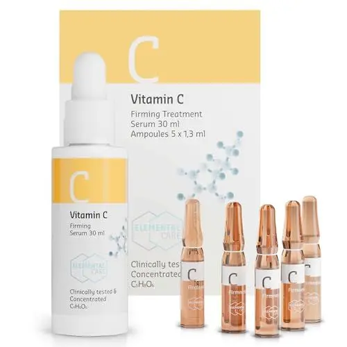 Produktbild: Elemental Care Vitamin C Serum Gesicht 30 ml + 5x1,3 ml Ampullen – Unterstützt die Kollagenproduktion & Hautstraffheit – Gesichtspflege gegen Pigmentflecken & für strahlende Haut