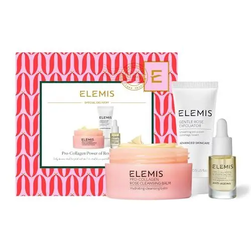 Produktbild: Elemis Limited Edition Rose Brightening Christmas Collection, Luxury Beauty Skincare Gift Set, English Rose Pro-Collagen Cleansing Balm, Gentle Face Exfoliator & Rose Facial Oil in Reisegröße