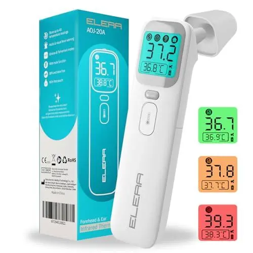 Produktbild: ELERA Fieberthermometer Ohr, Fieberthermometer Kontaktlos mit Vier Messmodi und Vierfarbiger Temperaturanzeige, Stirnthermometer Baby mit 1 Sekunde Messzeit und 40 Speicherfunktionen