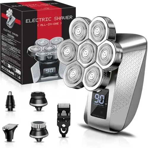 Produktbild: elestyle 5 in 1 Glatzen Rasierer Herren, IPX6 Wasserdichter Rasierer Herren elektrisch, Nass und Trocken Kopfrasierer fur Glatze mit LED und mit 7 Rotierende Scherköpfe, Bart Trimmer Pflege Kit