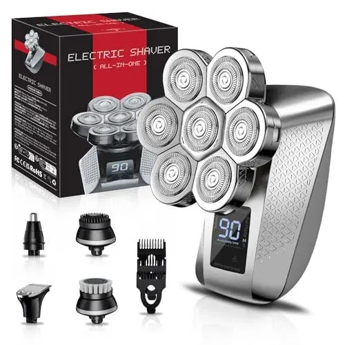 Produktbild: elestyle 5 in 1 Glatzen Rasierer Herren, IPX6 Wasserdichter Rasierer Herren elektrisch, Nass und Trocken Kopfrasierer fur Glatze mit LED und mit 7 Rotierende Scherköpfe, Bart Trimmer Pflege Kit