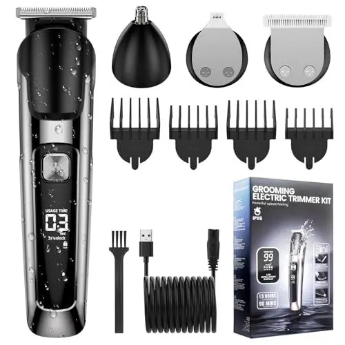 Produktbild: elestyle Barttrimmer Herren Haarschneidemaschine, All-In-One Trimmer Bartschneider Nasenhaartrimmer Haarschneider, USB Wiederaufladbar Rasierer Elektrisch mit 3 Scherkopf, 4 Aufsteckkämme