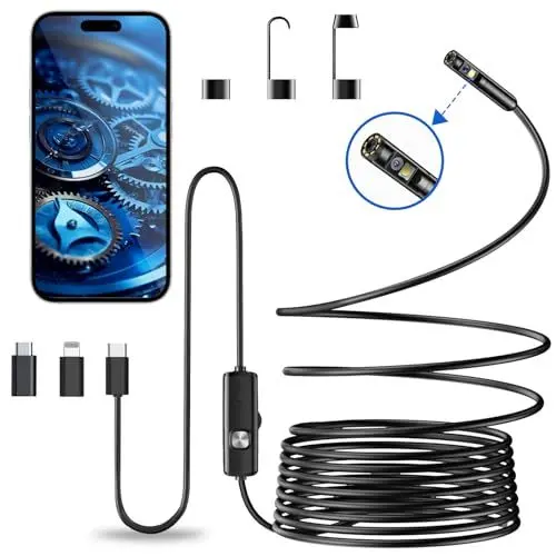 Produktbild: Vexloria Endoskopkamera mit Licht, 1920P HD Dual Lens Endoskop, Ip68 Wasserdichte Kein WLAN Erforderlich Inspektionskamera mit 8 LED Licht, Endoskop-Kamera Handy für Android, iOS & Tablet, Halbstarrem