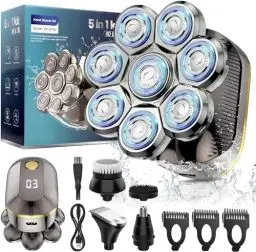 Produktbild: elestyle Glatzen Rasierer Herren Elektrisch, 5 in 1 Kopfrasierer Glatze mit 8 Rotierende Scherköpfe, IPX6 Wasserdichter Glatzenrasierer Nass und Trocken, Bart Nasenhaar Trimmer Kit, Head Shaver