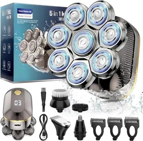 Produktbild: elestyle Glatzen Rasierer Herren Elektrisch, 5 in 1 Kopfrasierer Glatze mit 8 Rotierende Scherköpfe, IPX6 Wasserdichter Glatzenrasierer Nass und Trocken, Bart Nasenhaar Trimmer Kit, Head Shaver