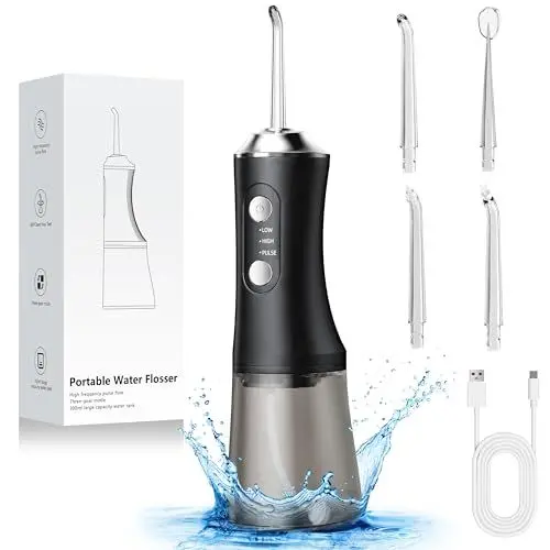 Produktbild: Vexloria Munddusche Kabellos, Elektrische Zahnreiniger Tragbar IPX7 Water Flosser 3 Modi & 4 Düsen, 300ML Zahndusche Oral Munddusche Testsieger für Entfernt Speisereste und Reinigt Die Zähne (Schwarz)