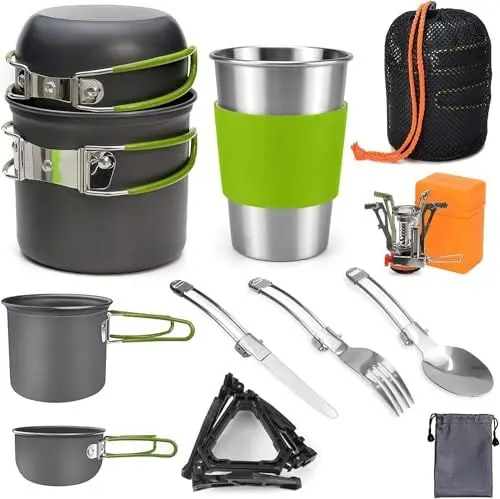 Produktbild: ELEUTH Camping Geschirr Set,9 Teiliges Outdoor Camping Kochgeschirr Set mit Aluminium Camping Töpfe Becher,Camping Kochtopf Set mit Faltbare Besteck Mini Campingkocher für Outdoor Picknick Wandern
