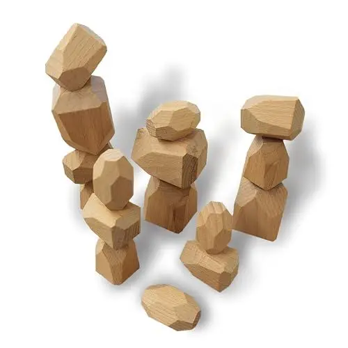 Produktbild: ELEVO nachhaltiges Motorikspielzeug aus Holz, 16 Stapelsteine (Natur) ab 3 Jahren, inkl. Aufbewahrungssäckchen, Montessori Holzspielzeug, Kinderspielzeug, Baby Spielzeug, Bausteine, Lernspielzeug