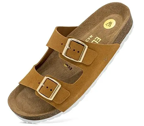 Produktbild: ELEWERT® Damen-Sandalen aus Echt-Leder | Gepolsterte Pantoletten | Innensohle aus Wildleder | Anatomisches Korkfußbett | Handgefertigt in Spanien | Biocomfy Ocai | Camel, EU37