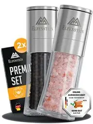 Produktbild: ELFENSTEIN Edelstahl Salz und Pfeffermühle Set mit Keramikmahlwerk - stufenlos einstellbar, Pfeffer und Salzmühle, Gewürzmühle, salt and pepper grinder, Mühlenset (Silber M)