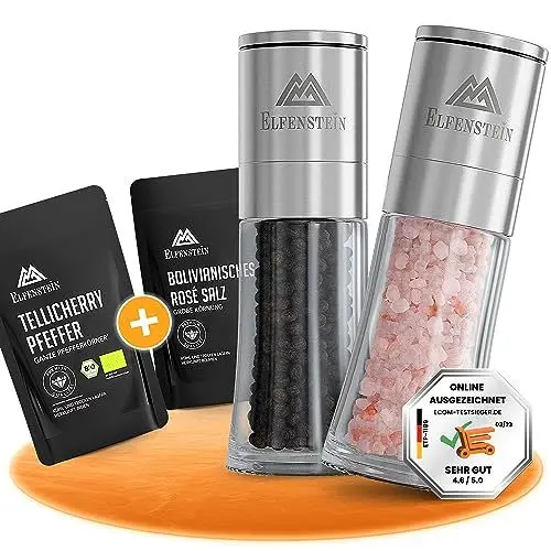 Produktbild: ELFENSTEIN Salz und Pfeffermühle (inkl. Gourmet-Gewürze) 2er Set mit Keramikmahlwerk - stufenlos einstellbar, Edles Gewürzmühlen-Set mit BIO Tellicherry Pfeffer und bolivianisches Rosé Salz