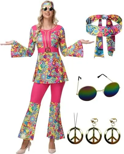 Produktbild: ELFIN 60er 70er Hippie Kostüm Damen Set, Hippie Kleidung Accessoires mit Hippie Oberteil Schlaghose, Brille, Haarband, Halskette, Ohrringen, Disco-Outfit Damen Karneval Mottoparty Halloween, LilaR, XL