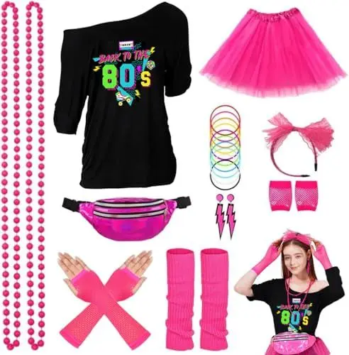 Produktbild: ELFIN 80er Jahre Outfit Damen, T-Shirt, Tutu, Gürteltasche, Stirnband, Ohrring, Halskette, Netzhandschuhe, Armband, Beinwärmer, 80er Jahre Kostüm Kleidung Mottoparty Accessoires, Schwarz-4, XXL