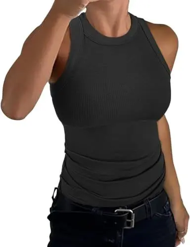 Produktbild: ELFIN Damen Ärmellos Racerback High Neck Tank Top Rundhals Gerippt Slim Fit Basic Shirt Sexy Obertiele Sommer Weste Ribbed Tops (XL, Schwarz)