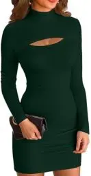 Produktbild: ELFIN Damen Bodycon Kleid Gerippt Langarm Minikleid Cut Outs Stehkragen Party Club Mini Kleid Einfarbig (L, Dunkelgrün)