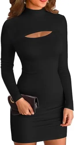 Produktbild: ELFIN Damen Bodycon Kleid Gerippt Langarm Minikleid Cut Outs Stehkragen Party Club Mini Kleid Einfarbig (XL, Schwarz)