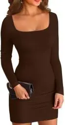 Produktbild: ELFIN Damen Bodycon Kleid Gerippt Langarm Minikleid Quadratischer Hals Kurzes Party Club Kleid Herbst Pullover Kleider Freizeitkleid (M, Dunkelkaffee)