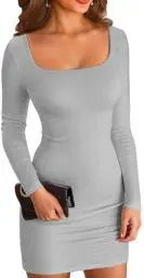Produktbild: ELFIN Damen Bodycon Kleid Gerippt Langarm Minikleid Quadratischer Hals Kurzes Party Club Kleid Herbst Pullover Kleider Freizeitkleid (M, Grau)