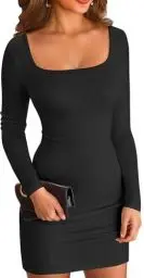 Produktbild: ELFIN Damen Bodycon Kleid Gerippt Langarm Minikleid Quadratischer Hals Kurzes Party Club Kleid Herbst Pullover Kleider Freizeitkleid (L, Schwarz)
